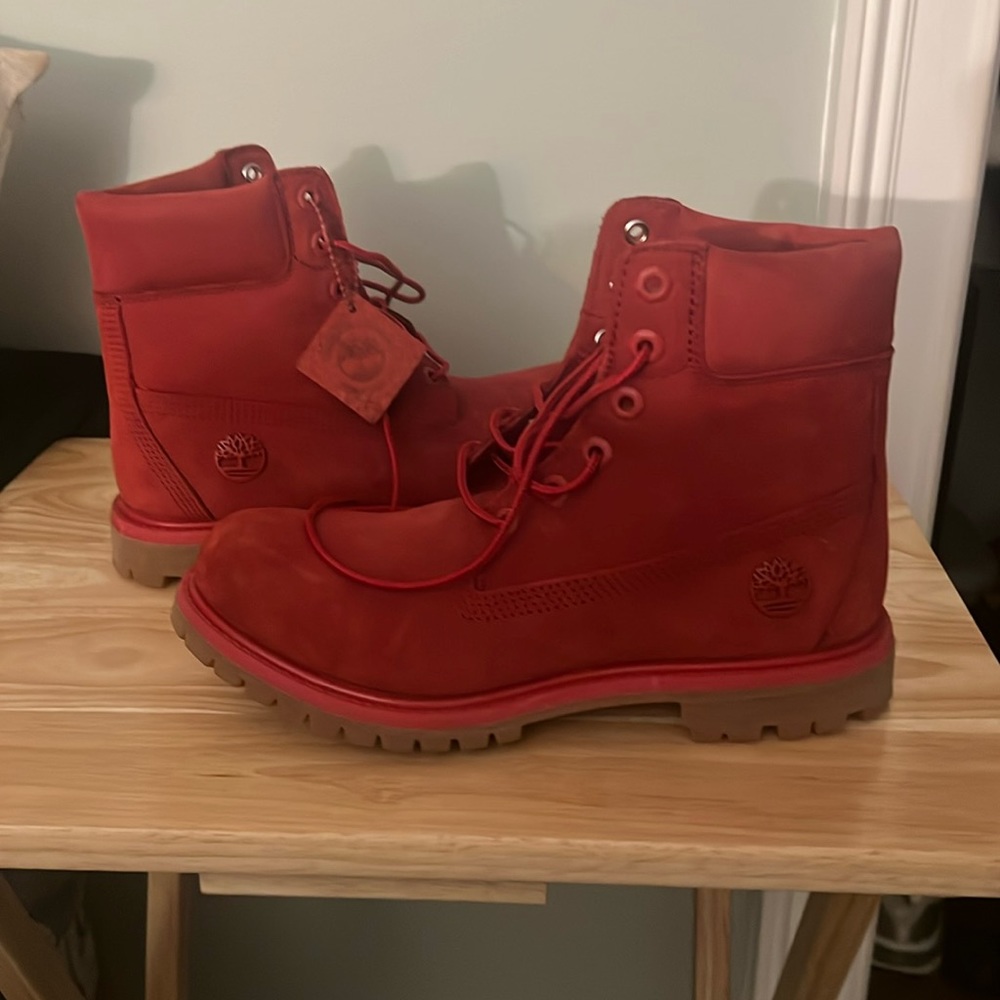 Red women Timberland boots 8 1/2